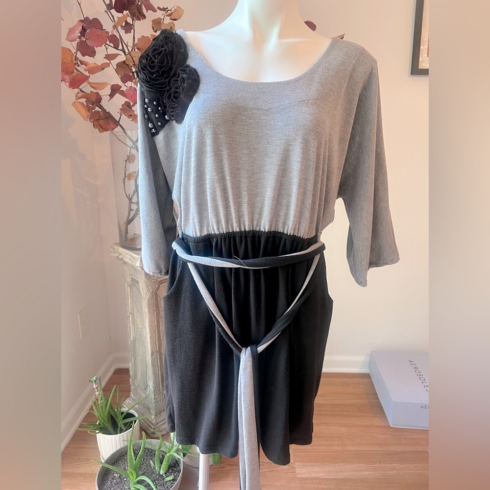 Gray and Black Dress with Floral Accent sweater material